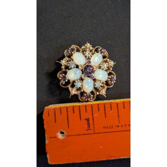Vintage Faux Opal & Amethyst Rhinestone Floral Brooch Pin Gold-Tone Elegant Jewe - Picture 5 of 5